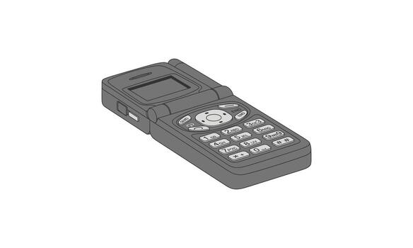 Gray Flip Phone with Buttons and Small Screen, Closed Position, Angled View. vector