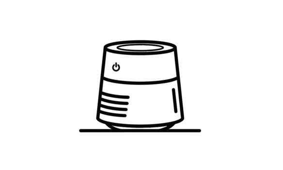 Black outline icon of a modern smart speaker or aroma diffuser with a power button and horizontal grille. vector