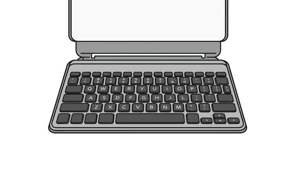 A grayscale line art illustration of a slim, portable keyboard with an integrated stand for a tablet. vector