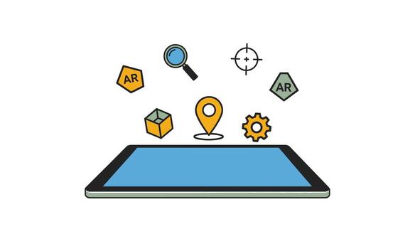 Digital Tablet Displaying Augmented Reality Icons and Navigation Symbols. vector