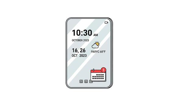 Cartoon Smartphone Display Showing Time, Date, and Weather Icons. vector