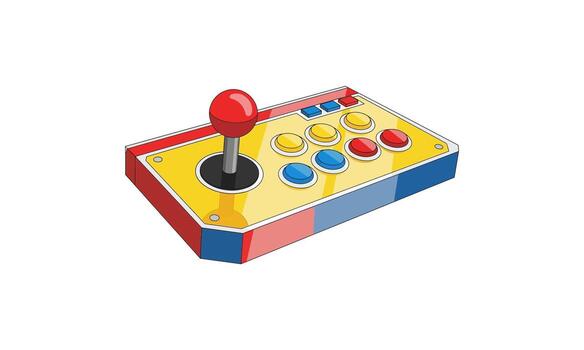 Vibrant Retro Arcade Joystick Controller with Red Ball Top and Multi-Colored Buttons on Yellow Panel. vector