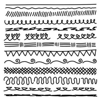 Set of artistic pen brushes. Hand drawn grunge strokes. Doodle lines, various dividers for web sites and design element vector