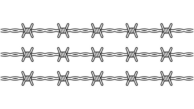 Three horizontal lines of barbed wire on white background fence boundary vector
