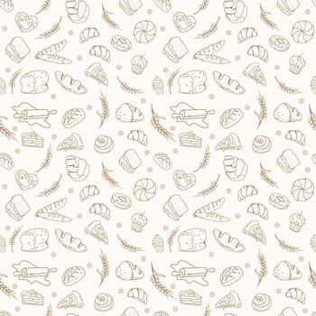 un pan y pasteles antecedentes. sin costura modelo con mano dibujado panadería productos diseño web sitio, embalaje, textil, tela. vector