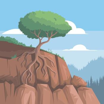 árbol en acantilado borde ilustración, naturaleza paisaje con raíces y montaña ver vector