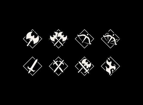 rpg game badge icon set with modern hand drawn fantasy style of axe, bow, sword, and magic weapon emblem vector