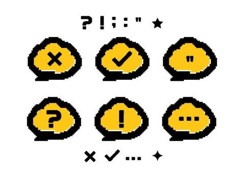 Webset of information icon for quiz with question, check, cross, answer mark in gold. modern retro trendy pixel art decoration elements illustration for game or any template vector