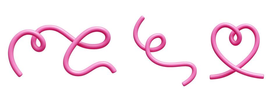 3D doodle line set with pink glossy curved strokes and loops. Playful elements vector