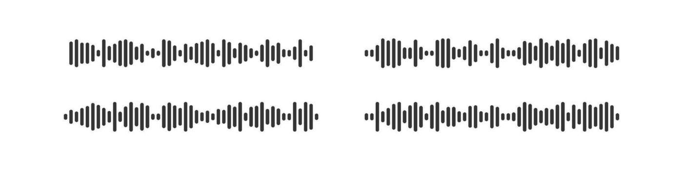Podcast sound wave patterns with varied amplitude and rhythm variations. Black vertical bars on white background vector