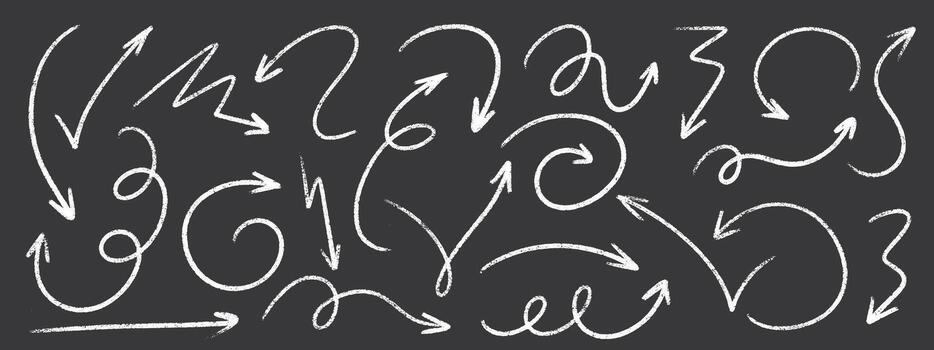 Chalk arrow collection with crayon texture on blackboard - curved, spiral and wavy directional elements vector