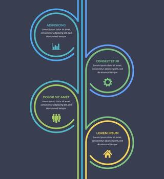 Minimal business infographic design template with four circular options or steps, process, workflow template, dark background vector