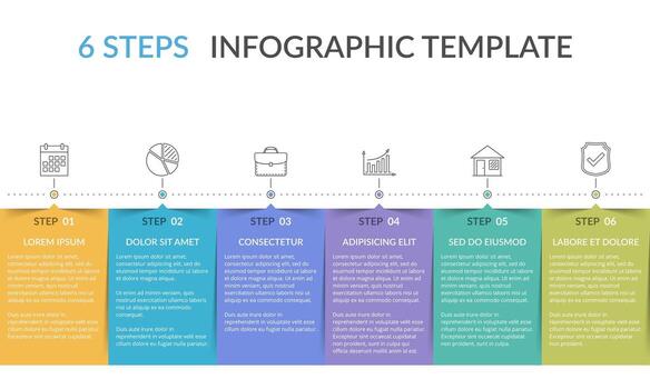 infografía modelo con 6 6 pasos con vistoso texto cajas y línea íconos vector