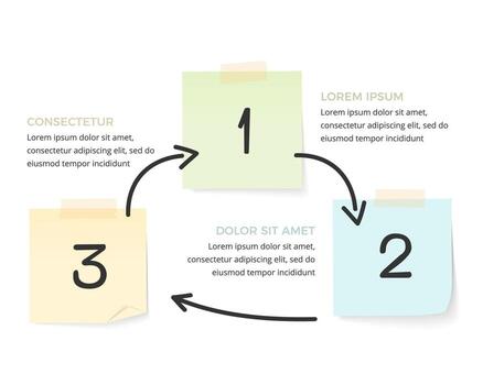 Infographic template with three paper notes and hand drawn arrows, circle diagram vector