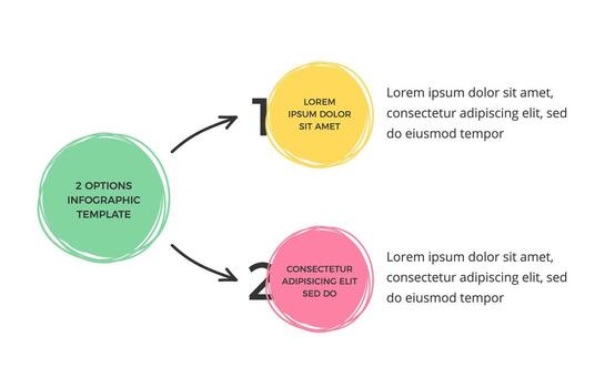 Minimal infographic template with main circle and two elements for your text, hand drawn circles and arrows vector