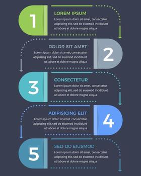 Minimal business infographic design template with five options or steps, process, workflow template, dark background vector