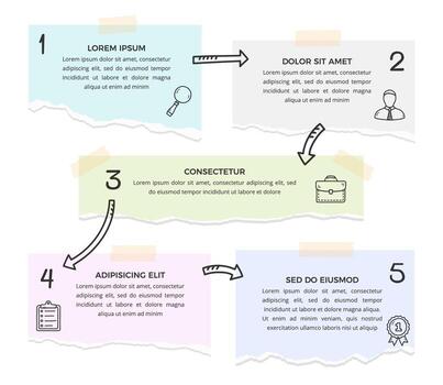 Infographic template with five options with paper notes and hand drawn arrows vector