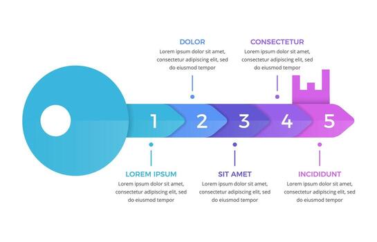 Infographic template with a key divided on five segments, key to success concept vector