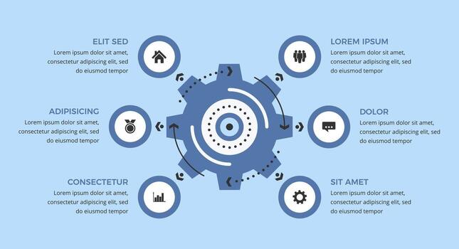 Infographic template with gear with six elements for icons and text vector