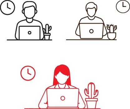 Three simple line art icons show individuals at desks with laptops, clocks indicating time, and small potted plants. The objects are isolated on a white background. vector