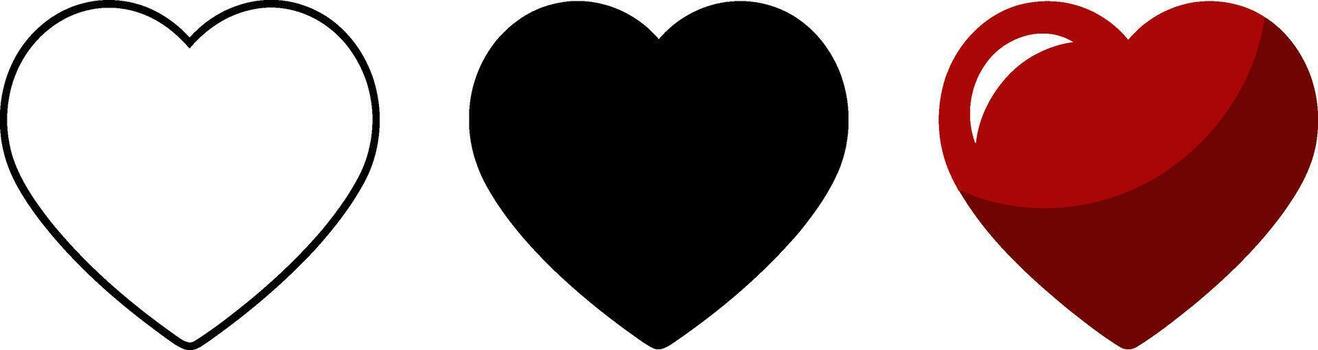 Three distinct heart shapes outline silhouette and realistic rendering vector