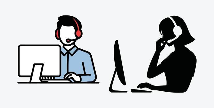 Customer service representatives working at desks with headsets on computers vector