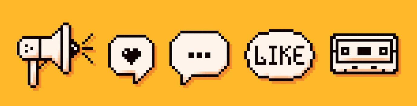 8 bit Y2K pixel podcast white elements. Megaphone, speech bubbles with a heart, like and audio cassette. vector