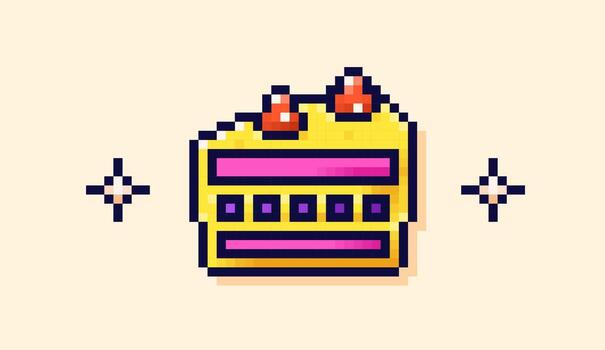 Pixel art piece of cake with berries on top and two simple stars around it. vector