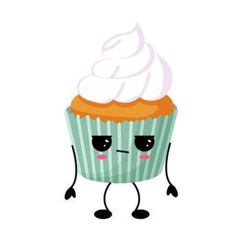 Grumpy kawaii muffin character with cream topping vector