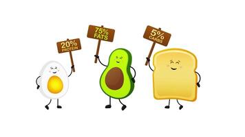 animato pane abbrustolito, avocado e uovo mostrando nutritivo valori su bianca e verde schermo video