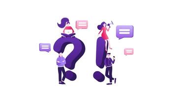 mycket liten människor kommunicerar och diskuterar Nästa till fråga och utrop märken video