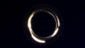 gyllene abstrakt sfär tillverkad av lysande ljus rader och prickar med dynamisk energi rörelse. trogen sci-fi sömlös slinga 4k bakgrund på svart. video