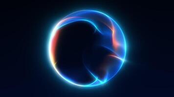raggiante astratto blu e arancia sfera con liscio liquido pendenza flusso e futuristico leggero effetti su buio sfondo. senza soluzione di continuità ciclo continuo nel 4k. video