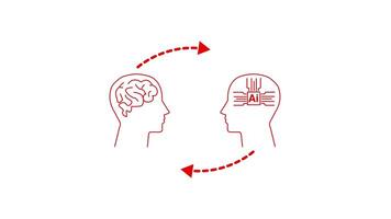 Interact with AI artificial intelligence brain processor in concept of AI artificial intelligence engineering. Human intelligence vs artificial intelligence face to face with red color video