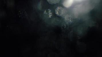 eterisk bokeh lampor skimrande i de mörk, skapande en lynnig och mystisk abstrakt bakgrund textur video