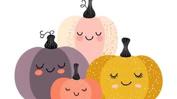 affascinante cartone animato zucca famiglia con assonnato, contento espressioni, dolcemente ondeggiante nel un' continuo ciclo continuo animazione contro un' croccante bianca sfondo, ideale per autunno celebrazioni video