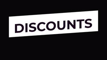 lila procentsats symbol visas Nedan vit rektangulär baner, glidning från vertikal bar och visning rabatt text med dynamisk grafisk övergång video