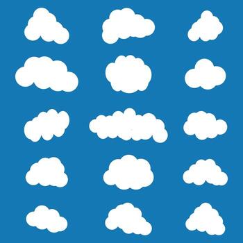 Cloud icons, silhouette. Set of different clouds. White cloud collection. Graphic element isolated on blue background. Cartoon clouds in a flat design. Simple illustration. EPS 10 vector