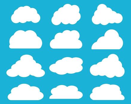 Cloud icons silhouette. Set of different clouds. White cloud collection. Graphic element isolated on sky background. Cartoon clouds in a flat design. Simple illustration. vector