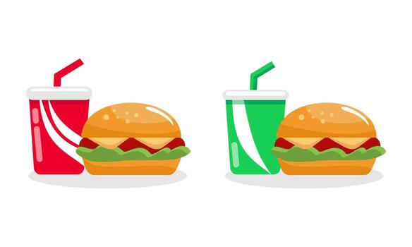 A Set of Simple and Colorful Fast Food Icons with a Burger, Soda Cup, and Drink, Designed in a Flat Style vector
