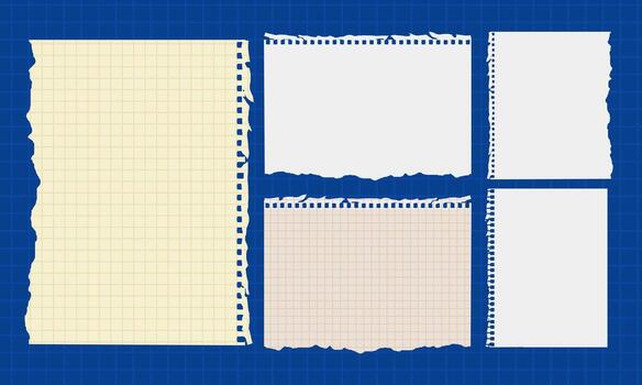 Torn paper note set on blue grid backdrop for scrapbooking and labels vector