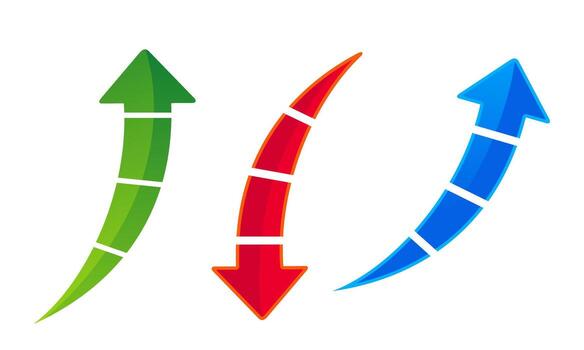 un dinámica conjunto de curvo flechas en verde, rojo, y azul, representando crecimiento, rechazar, y adelante movimiento. vector