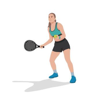 Female padel player holding a racket and ball, getting ready to serve during a padel match. vector