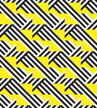 un vibrante repitiendo geométrico modelo presentando negro y blanco diagonal rayas intercalado con negrita amarillo formas, creando un dinámica visual efecto. vector