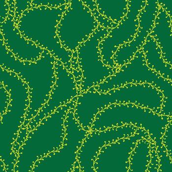 A green vines and leaf print pattern, background adorned with intricate yellow vine pattern, featuring swirling trails and delicate leaf like buds, repeated surface design. vector