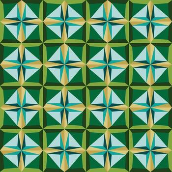 un repitiendo geométrico modelo de estrella formas en verde azulado, oro, y verde en un oscuro verde fondo, creando un vibrante, texturizado diseño. vector