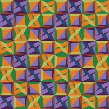 Colorful geometric pattern featuring 3D like shapes in purple, orange, green, and yellow, arranged in a repeating design. vector