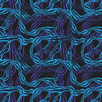 Abstract blue and purple wave patterns intertwined on a dark background, creating a dynamic, fluid design. vector