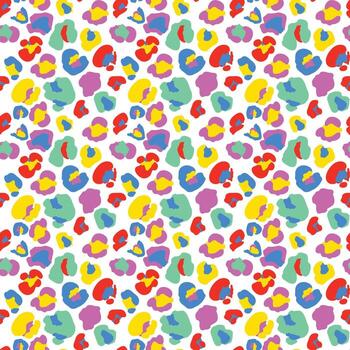 Abstract leopard print pattern, spots and dots texture in red, blue, green, yellow, and pink on a white background repeat design. vector