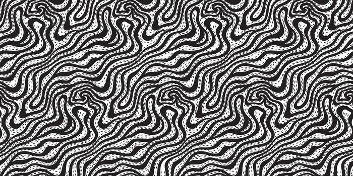 Abstract black and white repeating pattern featuring wavy lines and curves, creating a dynamic, flowing texture throughout the image. vector